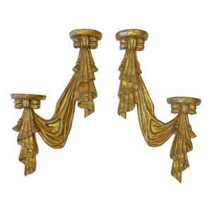 Vintage Hollywood Regency Style Dorothy Draper Inspired Swag & Tassel Double Shelf Wall Brackets- A Pair
