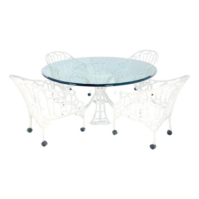 Cast Aluminum Faux Bamboo 4 Arm Chairs 60" 3/4" Glass Top Dining Table Set For Sale