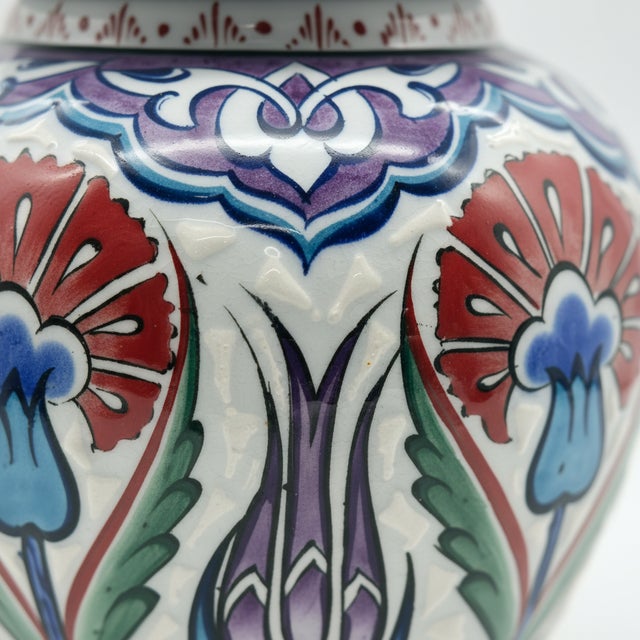 Handmade Ceramic “Kupecik” Ginger Jar (20cm) – Textured Relief with Red Carnations & Purple Tulips For Sale - Image 4 of 8