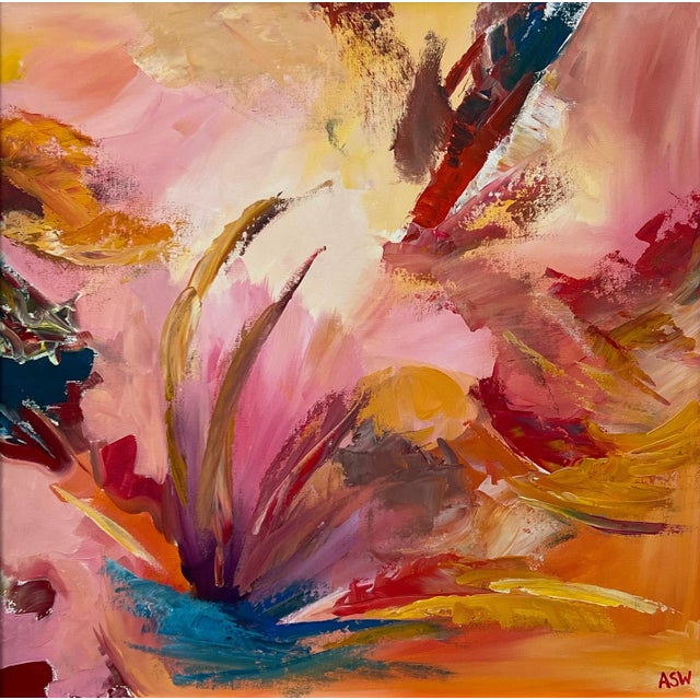 Pink Orange Red & Turquoise Expressive Abstract Art on Canvas by Contemporary Artist For Sale - Image 12 of 12