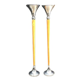 1970s Wood/Chrome Torchiere Floor Lamps - a Pair For Sale