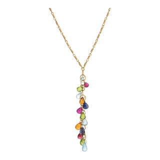 Tiffany & Co Multi Gemstone Drop Necklace Vintage 18k Yellow Gold Signed Jewelry For Sale