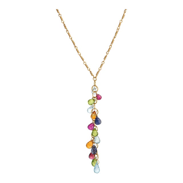 Tiffany & Co Multi Gemstone Drop Necklace Vintage 18k Yellow Gold Signed Jewelry For Sale