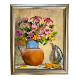 Original Carol Reeves Still Life Oil Painting – Pink Flowers in Teapot