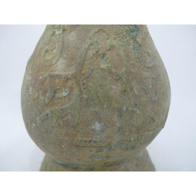 Early 20th Century Chinese Bronze Ware Dynasty Kettle Cockscomb Flask With Archaic Horse Design For Sale - Image 5 of 14
