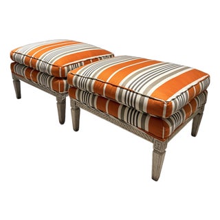 Pair of Hickory Chair Orange and Gray Striped Ottomans For Sale