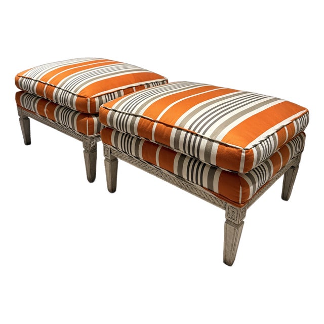 Pair of Hickory Chair Orange and Gray Striped Ottomans For Sale