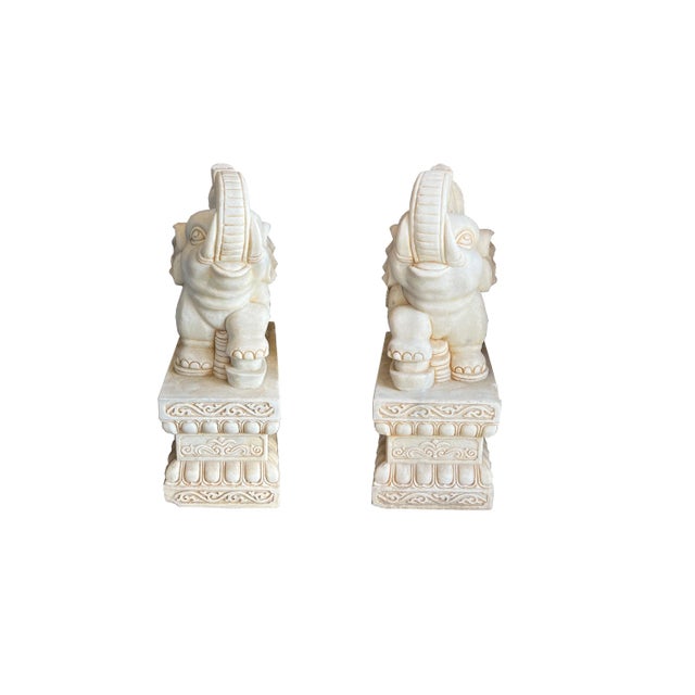 Chinese Pair White Marble Stone Fengshui Elephant Trunk Up Statues For Sale - Image 9 of 9