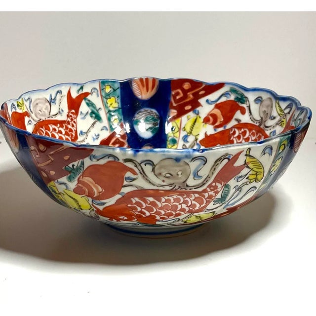 Mid 19th Century 19th Century Meiji Hand Painted Imari Bowl With Koi and Octopus For Sale - Image 5 of 11