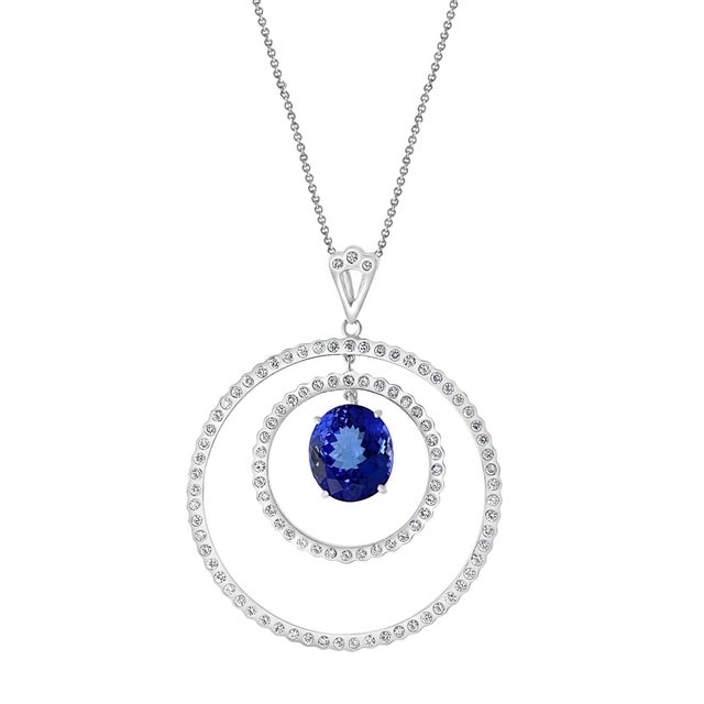 6.7 Carat Tanzanite & 2.5 Ct Diamond Two Circles Pendant/ Necklace 18 Karat Gold For Sale - Image 14 of 18