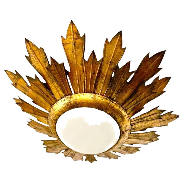 Large Spanish Gilt Gold Crown Flush Mount, 1950 For Sale - Image 9 of 9