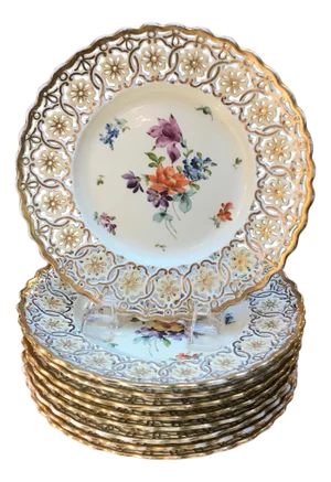 Set of 9 Hand Painted and Reticulated Accent Plates