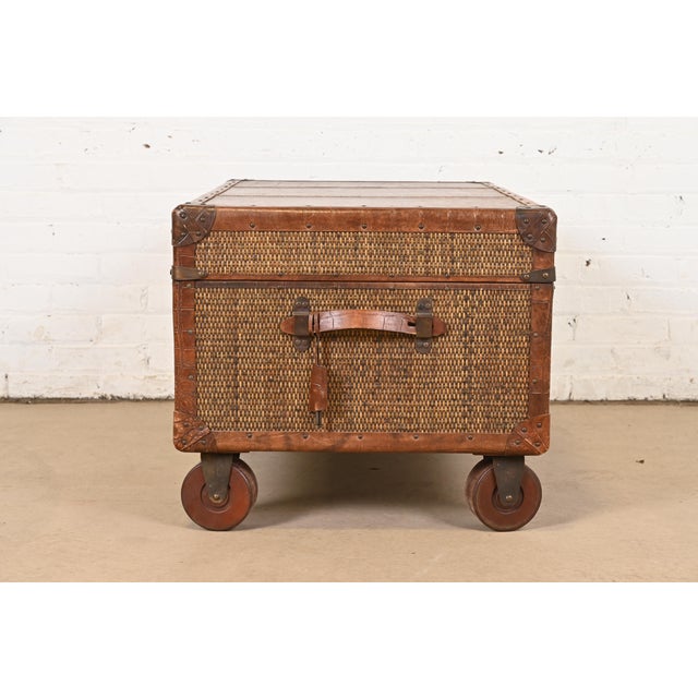 Late 20th Century Baker Furniture Campaign Rattan and Leather Trunk Coffee Table For Sale - Image 9 of 12