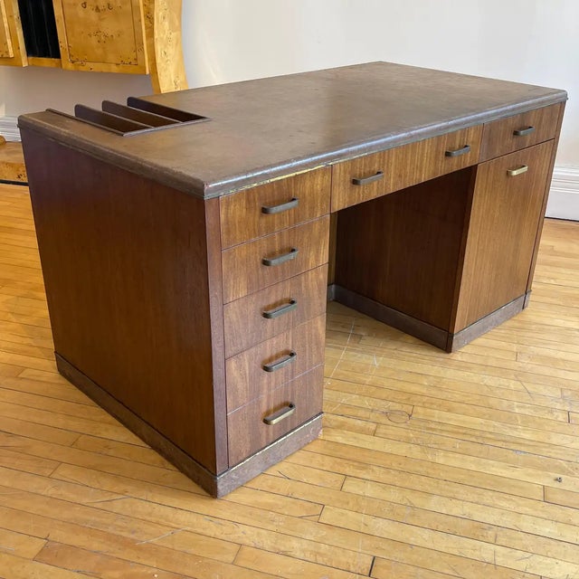 1940s Edward Wormley for Dunbar Leather Desk with Convertible Credenza