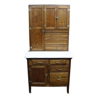 Rare Antique Oak Hoosier Cabinet With Porcelain Work Surface For Sale