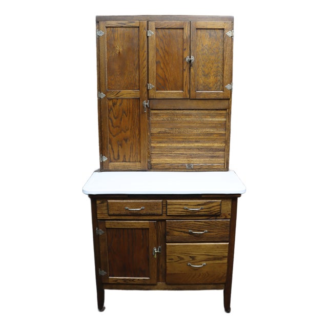 Rare Antique Oak Hoosier Cabinet With Porcelain Work Surface For Sale