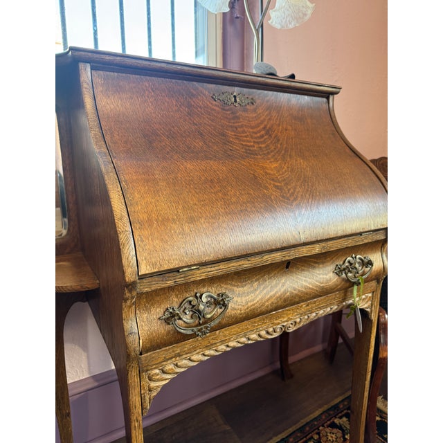 Antique Oak Slant-Front Secretary Writing Desk For Sale - Image 4 of 9