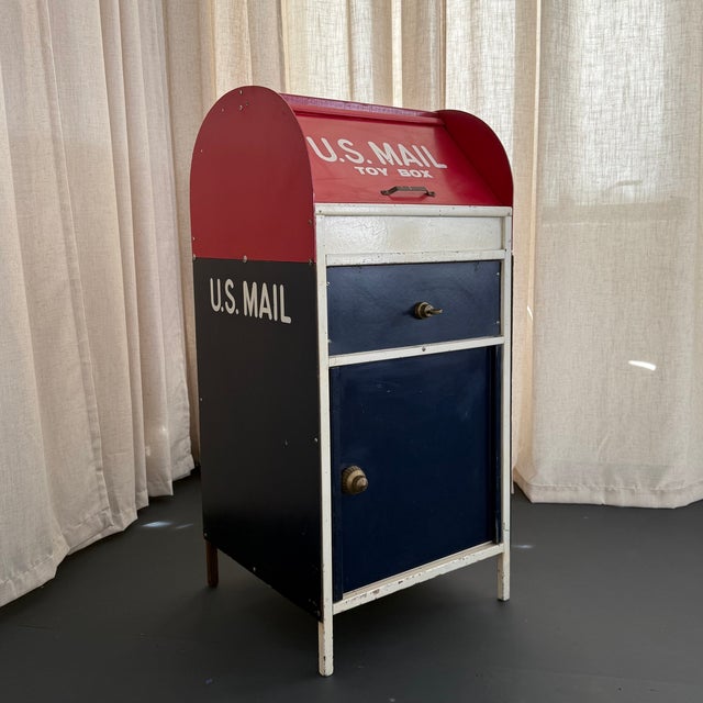 Mid-Century Modern Mid 20th Century Red, White and Blue U.S. Mail Toy Box Storage Cabinet For Sale - Image 3 of 6