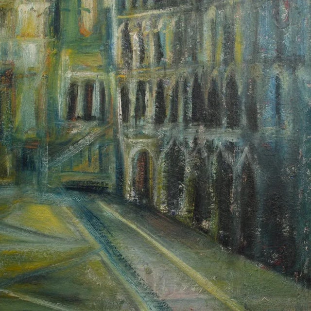 Blue A Large Oil on Masonite Painting Depicting a City View Painting Featuring a Clock Tower. Unsigned. For Sale - Image 8 of 12