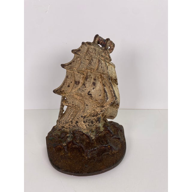Pair of Antique Nautical Cast Iron Sailboat Bookends With Polychrome Painted Finish For Sale - Image 4 of 7