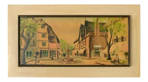 Vintage French Village Town Square Watercolor Painting