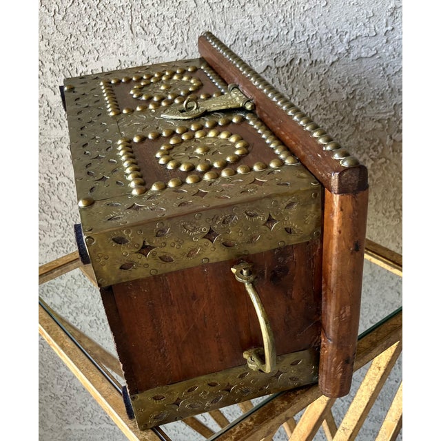Mid 20th‑Century Spanish Colonial-Style Hand Hewn Walnut Wood & Brass Accent Box For Sale - Image 17 of 18