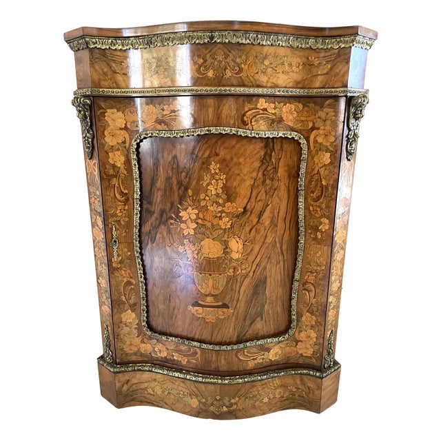 Victorian Burr Walnut Inlaid Floral Marquetry Side Cabinet, 1850s For Sale