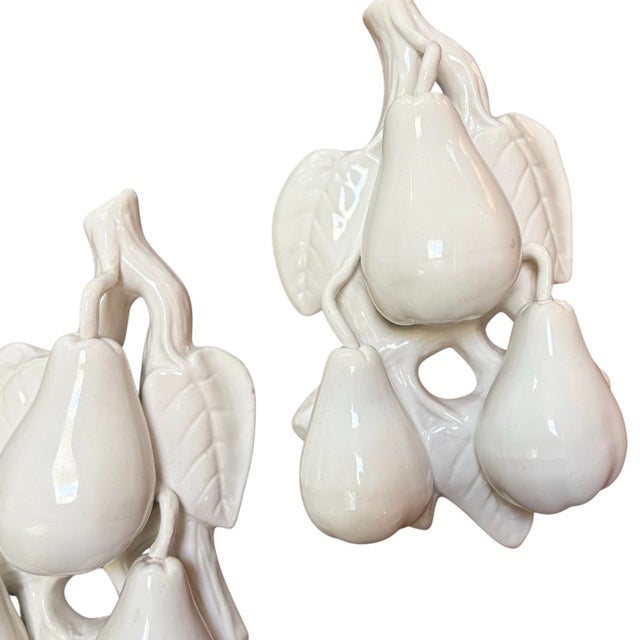 French Country Vintage French Pair of White Ceramic Embossed Pears Wall Plaques For Sale - Image 3 of 7