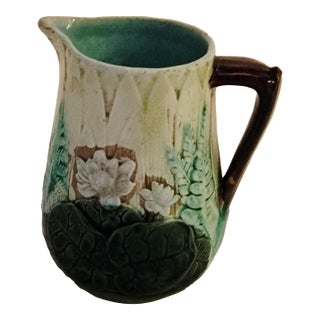 Antique Majolica Creamer, Earthtones With Green Leaves, Flowers and Fern. For Sale