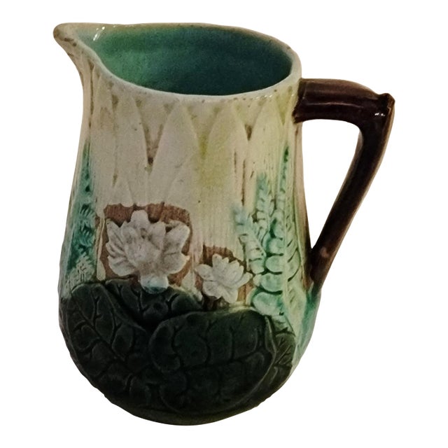 Antique Majolica Creamer, Earthtones With Green Leaves, Flowers and Fern. For Sale