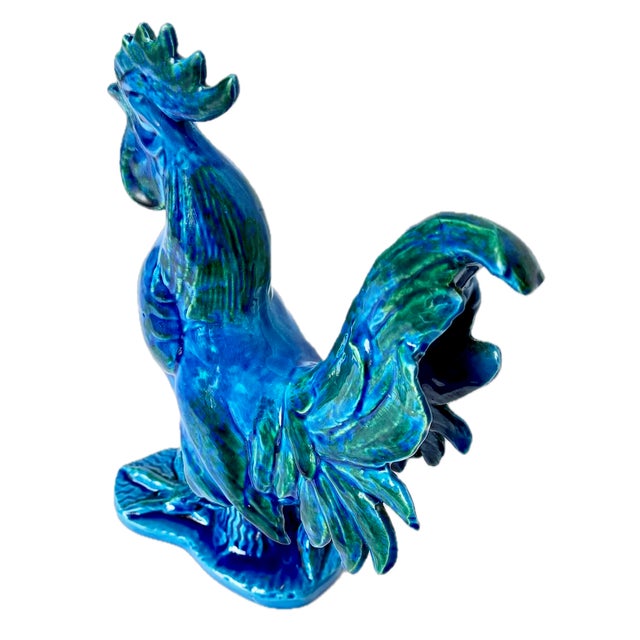 Vintage Italian blue and green ceramic rooster figurine. Mottled blue and green glazing. Marked "BRISTOLIA, P.3806/C,...