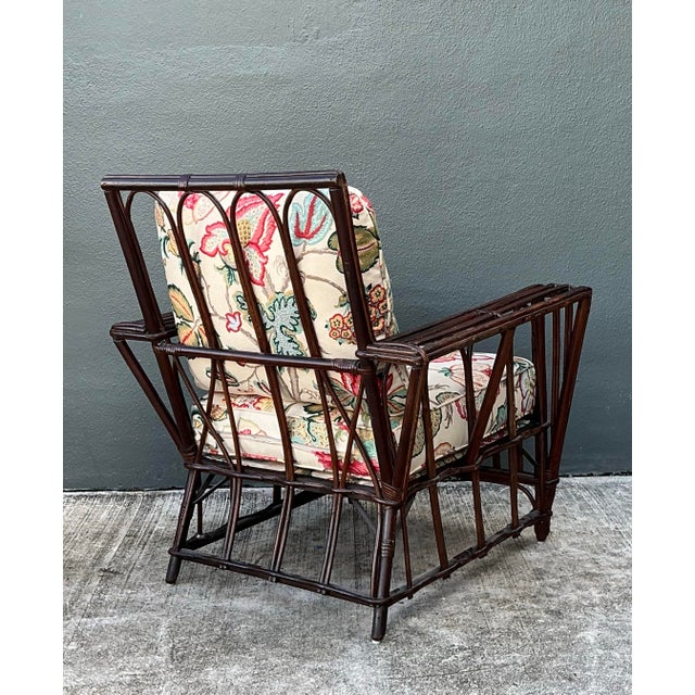 Brown Vintage Stick Rattan Lounge Chair in Vintage Schumacher Paisley For Sale - Image 8 of 12