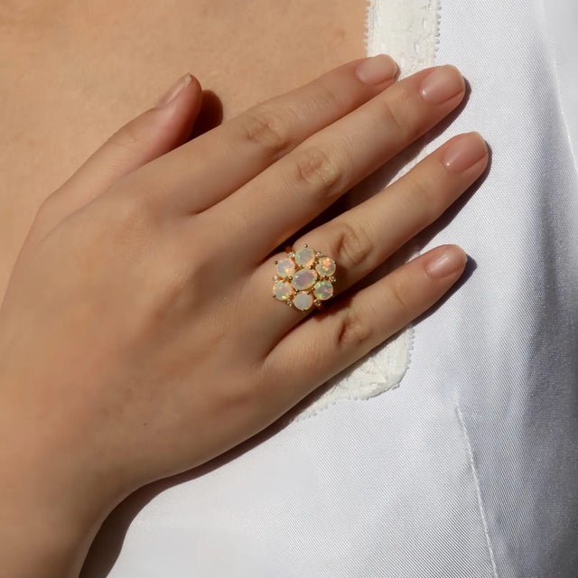 Nina Zhou Celestial Opal Diamond Cocktail Ring in 14k Yellow Gold, size 4 For Sale In Los Angeles - Image 6 of 6