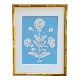 Original Hand-Painted Blue & White Abstract Floral Motif Painting, Framed For Sale