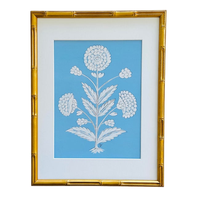 Original Hand-Painted Blue & White Abstract Floral Motif Painting, Framed For Sale