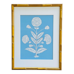 Original Hand-Painted Blue & White Abstract Floral Motif Painting, Framed