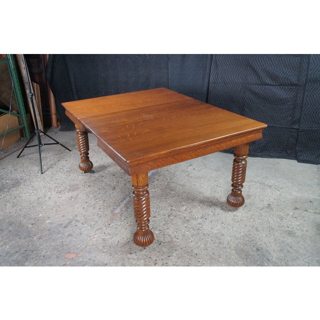 Antique American Arts & Crafts Quartersawn Oak Barley Twist Dining Table Extends For Sale - Image 16 of 18