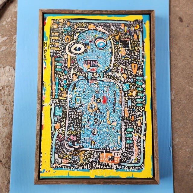 Wood Vintage Large Pop Art Primitive Surreal Painting in Rustic Wood Frame For Sale - Image 7 of 7