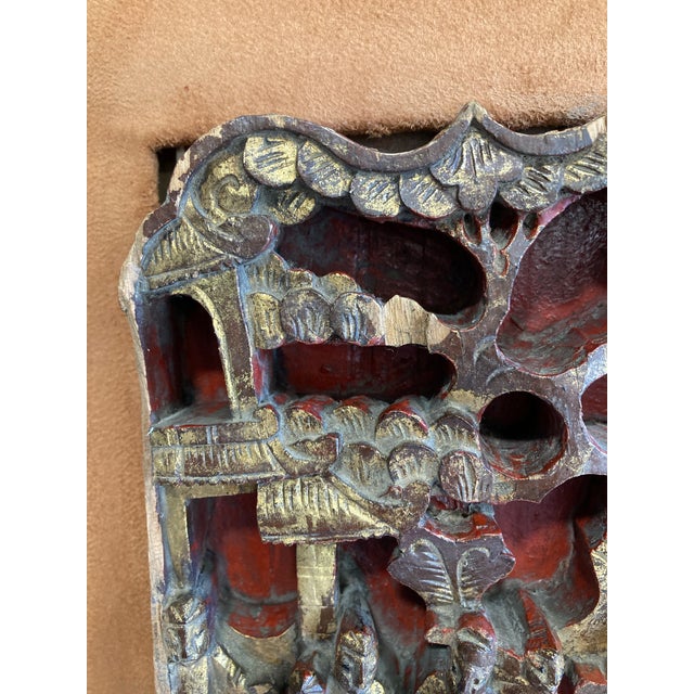 Chinese Antique Chinese Rosewood Gold & Suede Framed Carving For Sale - Image 3 of 9