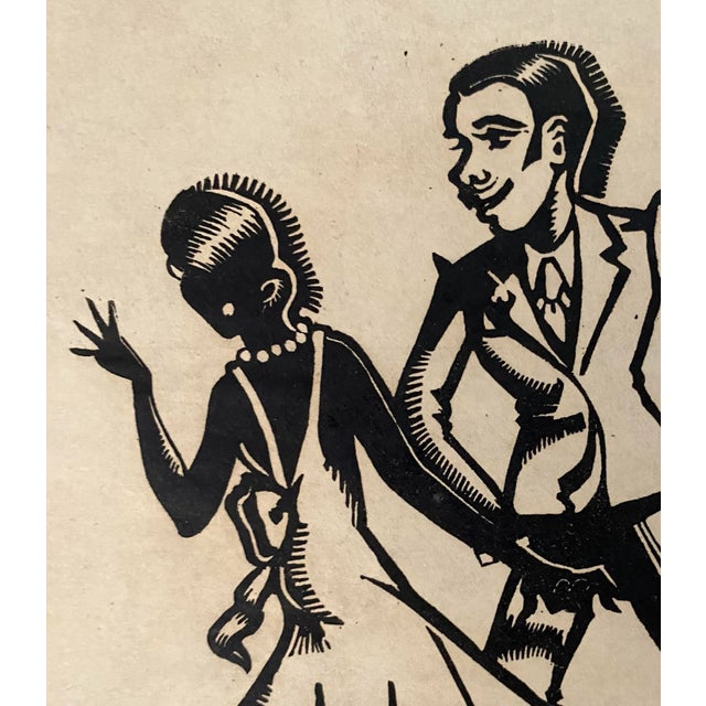 1940s linocut on paper of a dancing couple. Unsigned. Combined shipping available, please inquire.