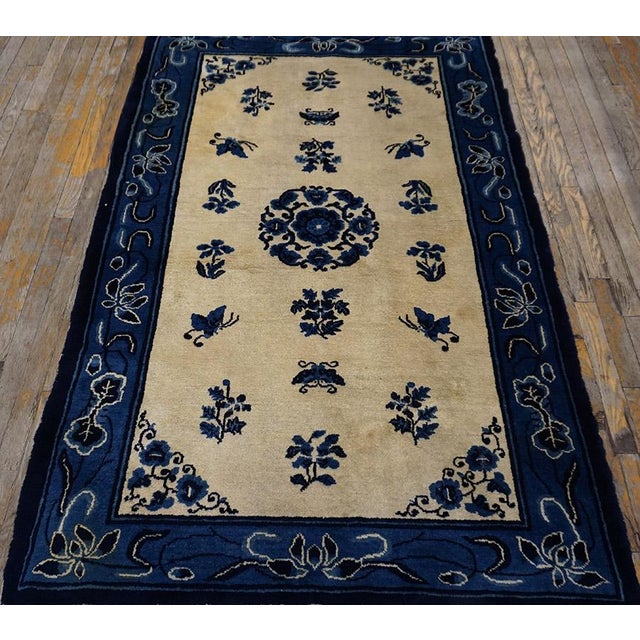 1930s Rectangle Antique Chinese - Peking Knotted Small Scatter Size Wool Ivory Rug, Circa Date: 1930s. This exceptional...