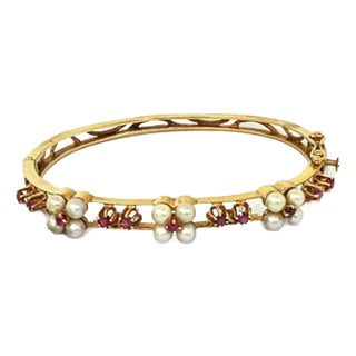 Late 20th Century Ruby & Pearls 14k Yellow Gold Bangle Bracelet For Sale