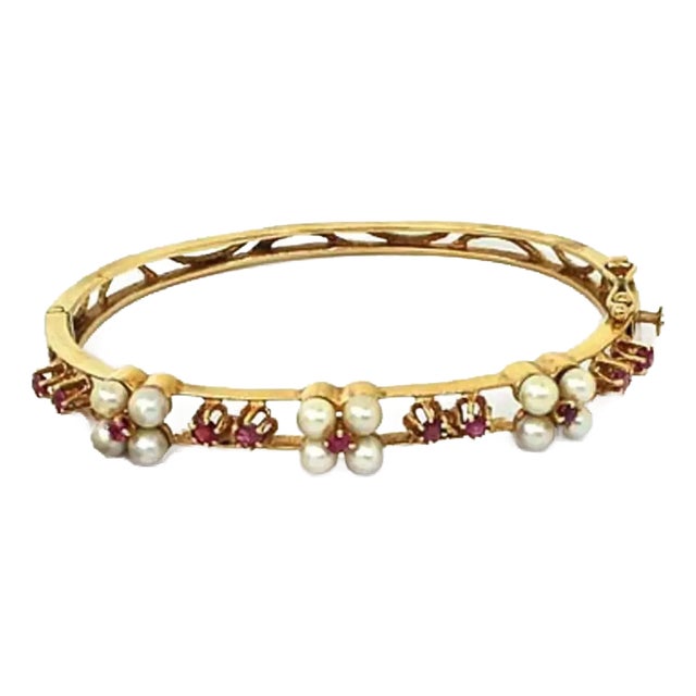 Late 20th Century Ruby & Pearls 14k Yellow Gold Bangle Bracelet For Sale