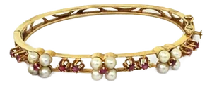 Late 20th Century Ruby & Pearls 14k Yellow Gold Bangle Bracelet
