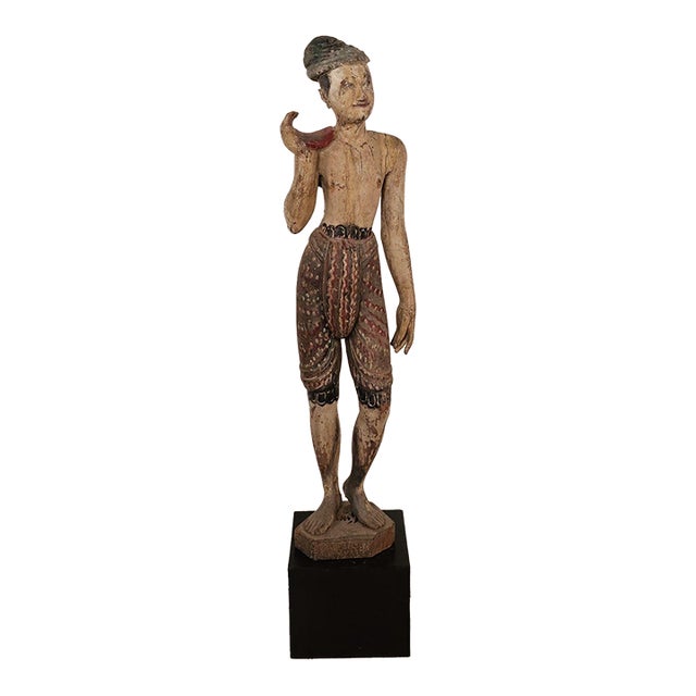 19th Century Southeast Asian Tall Painted & Carved Wood Figure of a Man For Sale