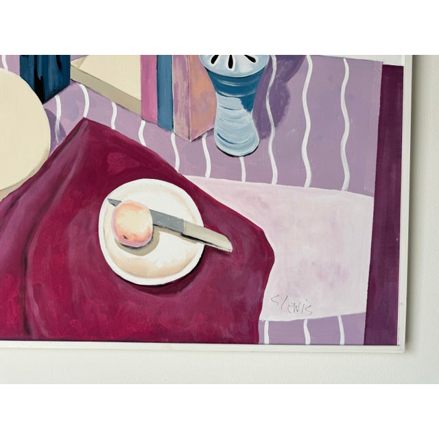 1990s Large - 1993 Vintage Still Life “Stripe Cloth” Oil Painting by S. Lewis/ Sold For Sale - Image 5 of 11