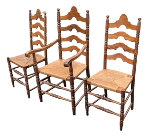 Vintage Ladder Back Chairs With Rush Seats- Set of 3