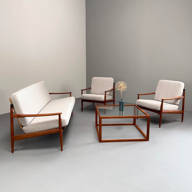 Set of Teak Armchairs with Rattan Backrests & Bouclé Covers by Carl Straub / Goldfeder, Germany 1960s For Sale - Image 10 of 15
