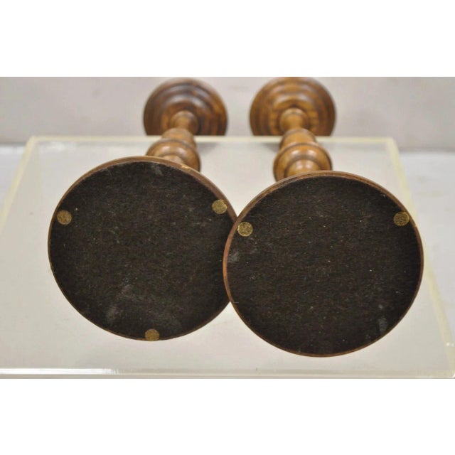 Vintage Italian Renaissance Jacobean Turn Carved Oak Wood 18.5" Candlestick Pair For Sale - Image 9 of 10