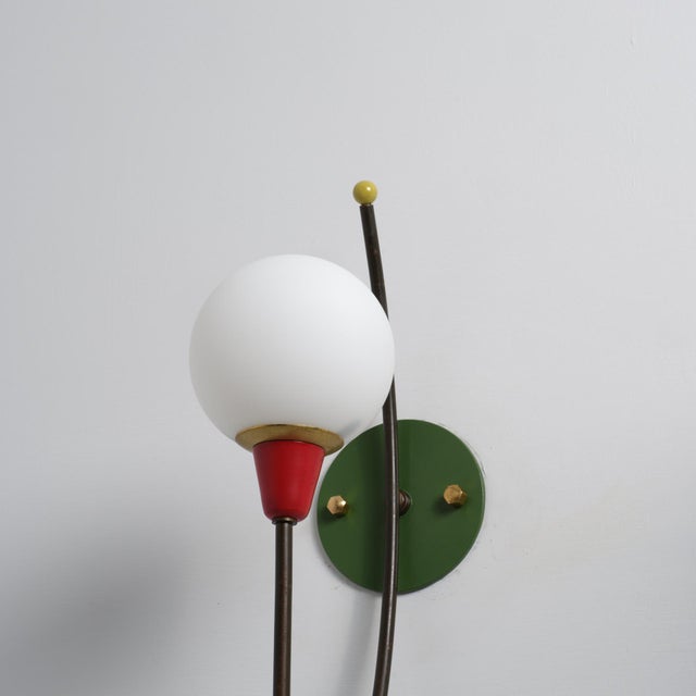 Italian Wall Sconce in Brass, Multicolor Metal and Opaline Glass, 1950s For Sale - Image 4 of 8